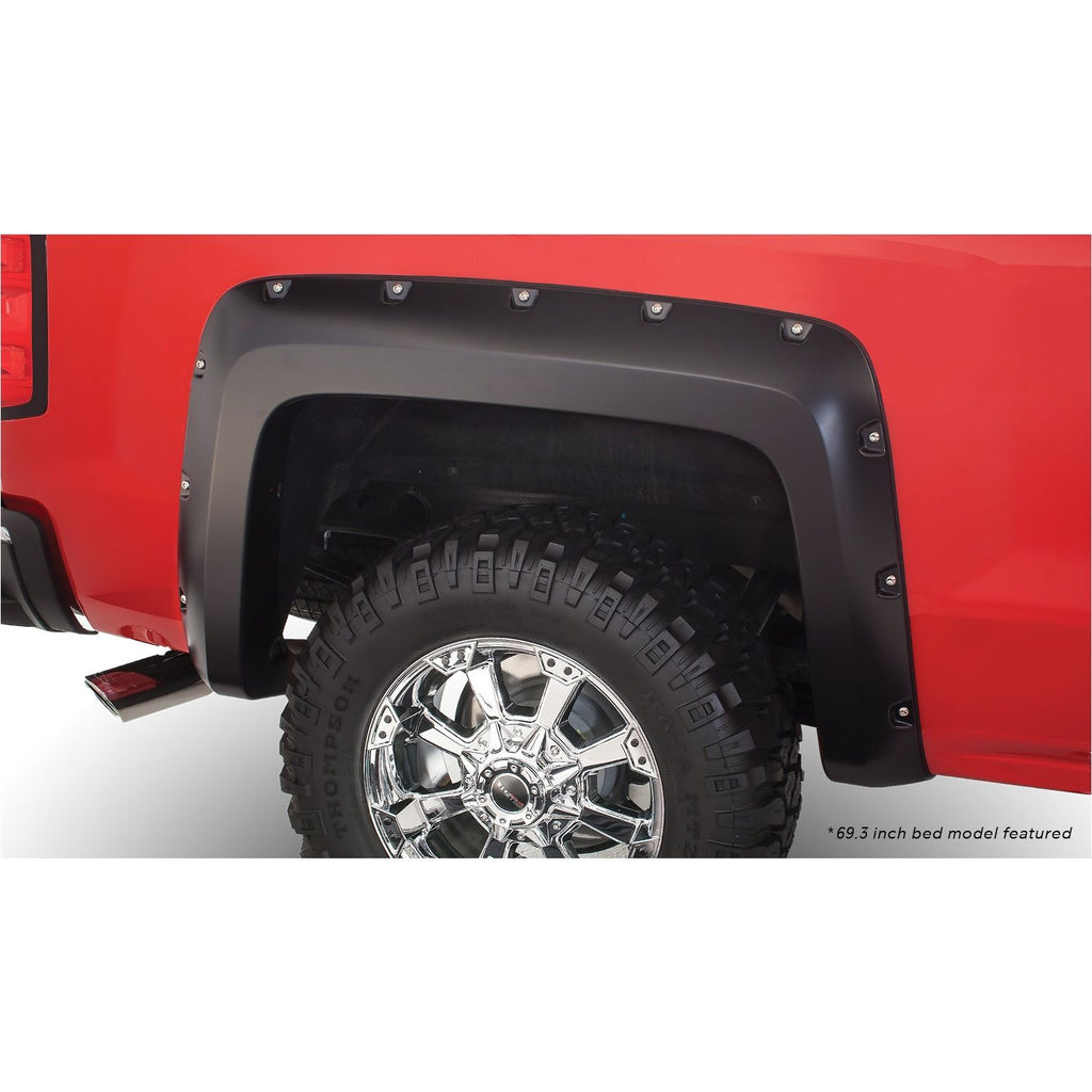 Bushwacker 40116-02 Black Pocket/Rivet Style Smooth Finish Rear Fender Flares for 2019 Chevrolet Silverado 1500 LD 2014-2018 Silverado 1500 2015-2019 Silverado 2500 HD/3500 HD (Excludes Dually); Fits 78.8/97.8 In. Bed