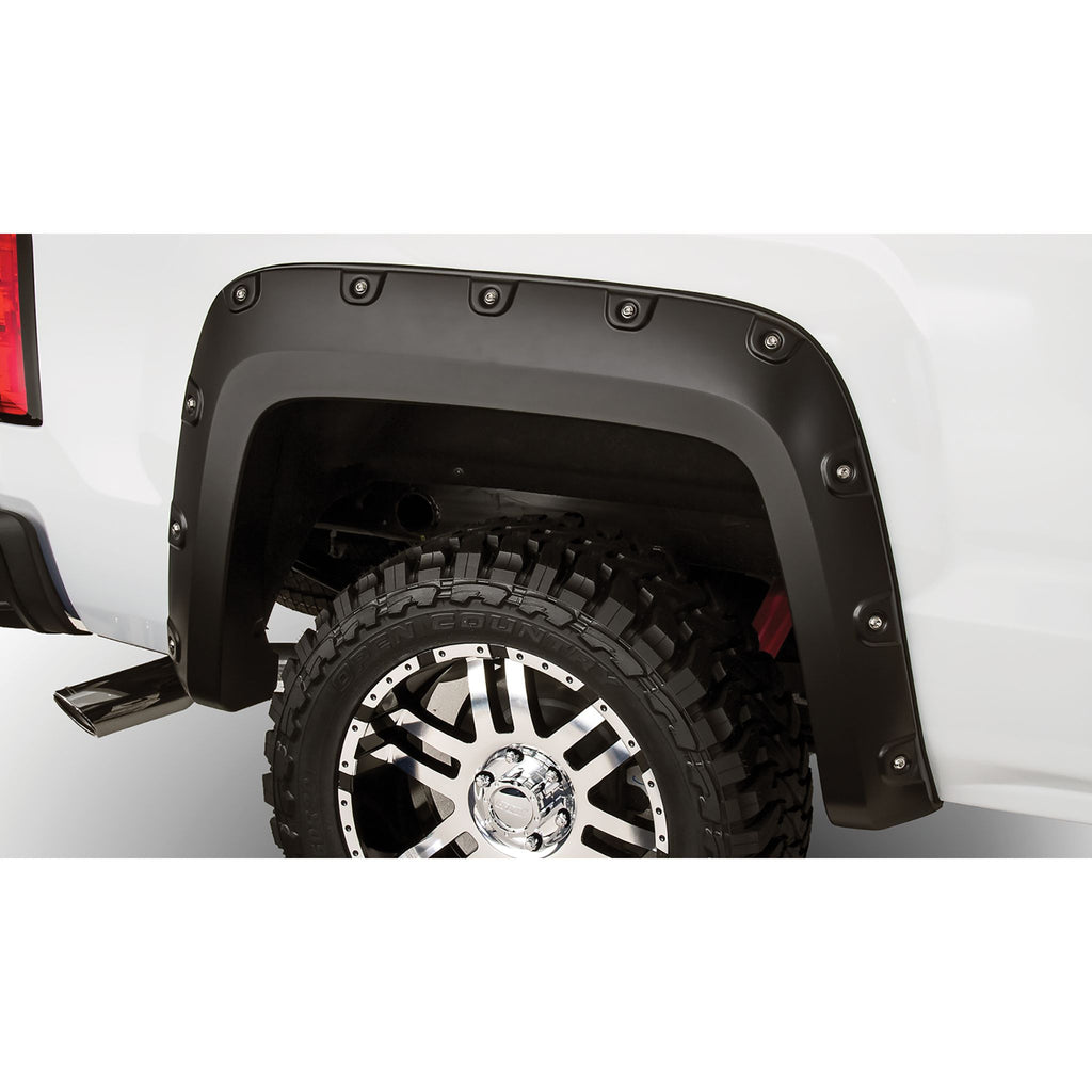 Bushwacker 40086-02 Black Boss Pocket/Rivet Style Smooth Finish Rear Fender Flares for 2007-2013 GMC Sierra 1500; Fits 69.3 In. Bed